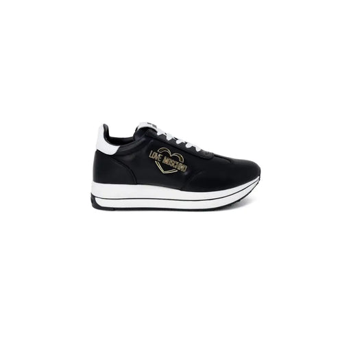 Black leather sneaker with white trim and gold heart-shaped Love Moschino logo
