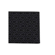 Black leather wallet with calvin klein pattern featuring a repeating lighter gray monogram design