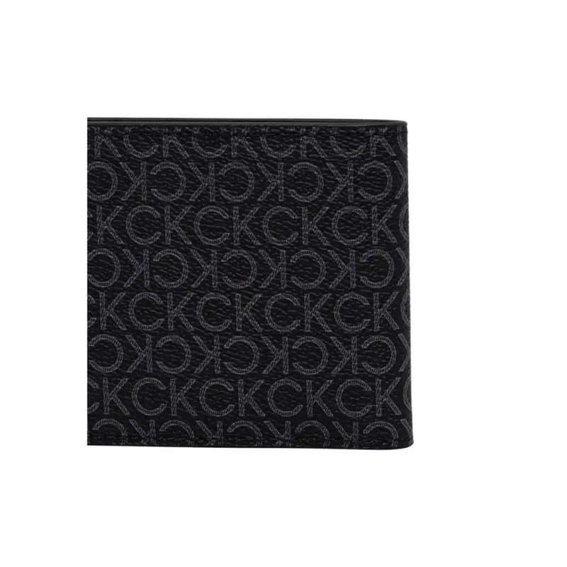 Black leather wallet with calvin klein pattern featuring a repeating lighter gray monogram design