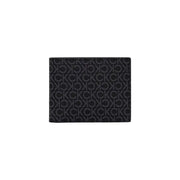 Black leather wallet with CK pattern featuring a black Calvin Klein monogram design on the exterior