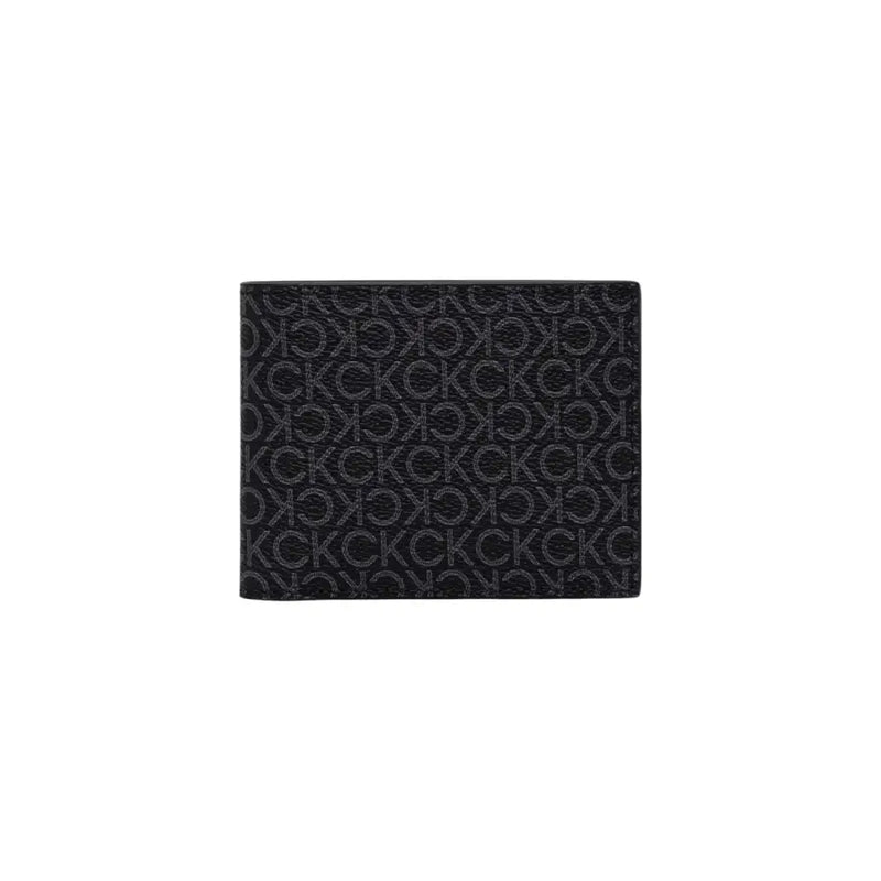 Black leather wallet with CK pattern featuring a black Calvin Klein monogram design on the exterior