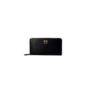 Black leather wallet with gold logo showcasing elegant design and premium quality