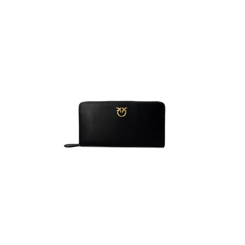 Black leather wallet with gold logo showcasing elegant design and premium quality