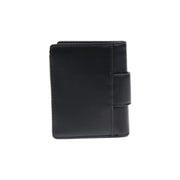 Black leather wallet with strap and silver logo displayed in a product image