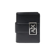 Black leather wallet with strap and silver logo showcased in a luxury accessory product
