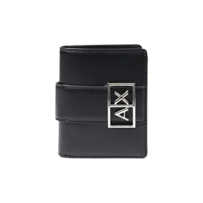 Black leather wallet with strap and silver logo showcased in a luxury accessory product