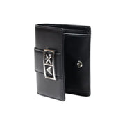 Black leather wallet with silver logo and strap for stylish everyday use