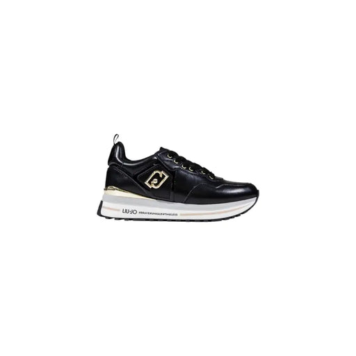 Black leather women’s slip-on sneakers with gold accents and white sole from Liu Jo