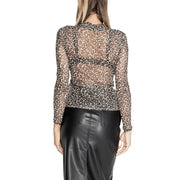 Black leopard print mesh long-sleeve turtleneck blouse for women fall winter fashion