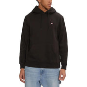 Black long hooded tommy hilfiger sweatshirt with small chest logo and front pockets for fall winter wear