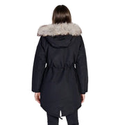 Black hooded women’s fall winter jacket with faux fur trim and adjustable waist