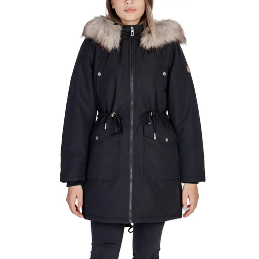 Women’s black hooded parka with faux fur trim and adjustable drawstring waist