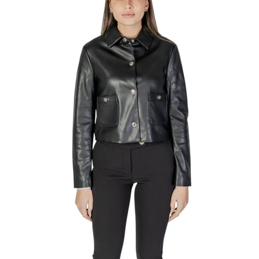Black faux leather cropped blazer with silver buttons and front pockets