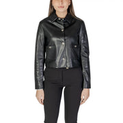 Black faux leather cropped blazer with silver buttons and front pockets
