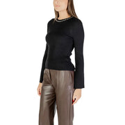 Black long round neck women knit sweater in ribbed fabric with rhinestones on the delicate beaded neckline