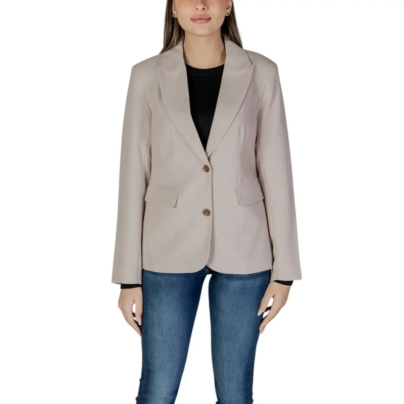 Black long sleeve blazer with notched lapel collar and front pockets