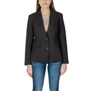 Black tailored long sleeve blazer with notched lapels two front buttons and front pockets for formal wear
