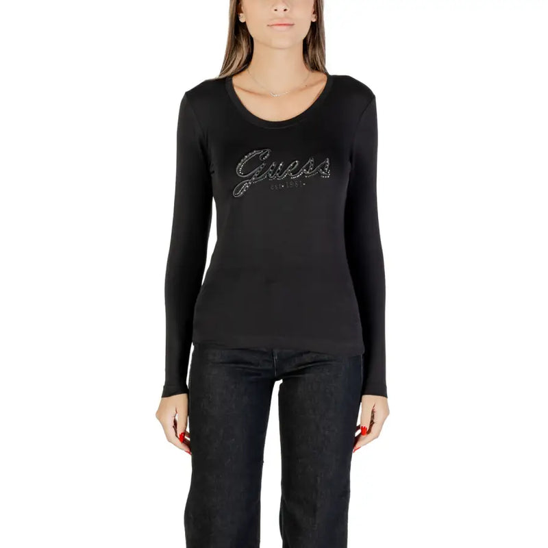 Black long-sleeve Guess T-shirt with sparkly Guess logo and rhinestone print