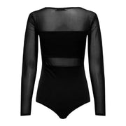 Black long-sleeved mesh bodysuit ideal for stylish and comfortable layering