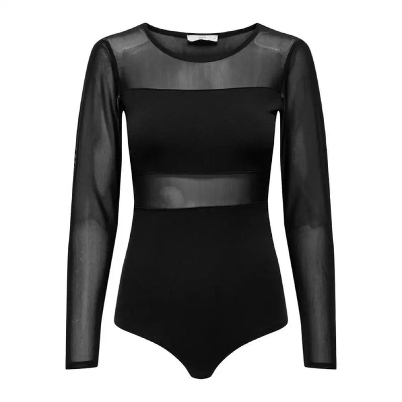 Black long-sleeved mesh bodysuit featuring a stylish and modern design for versatile wear
