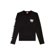 Black long sleeved diesel t-shirt with white airplane graphic on chest and vertical text along left sleeve
