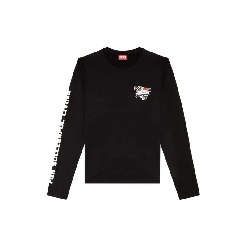Black long sleeved diesel t-shirt with white airplane graphic on chest and vertical text along left sleeve