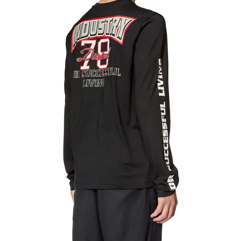 Black long sleeved shirt with bold red and white industry 78 graphic and diesel logo on the front
