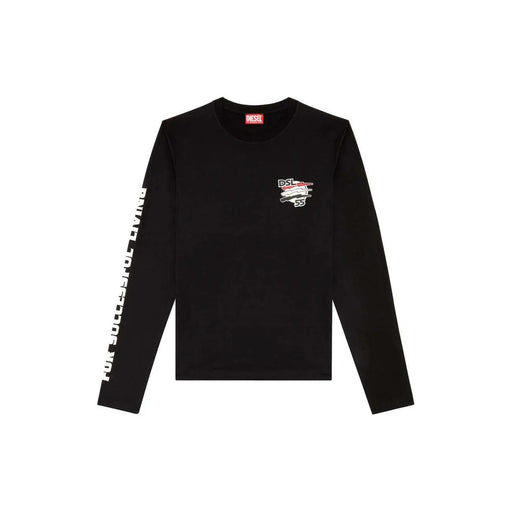 Black long sleeved diesel t-shirt with white airplane graphic on chest and vertical text along left sleeve