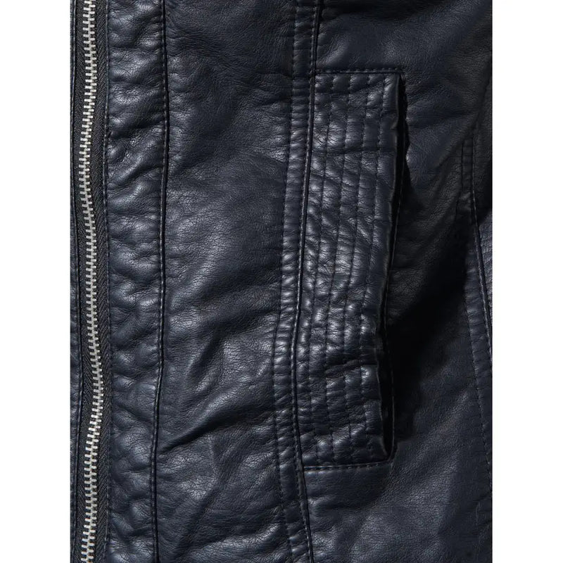 Dark blue faux leather blazer with silver zipper and quilted pocket detailing