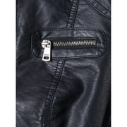 Close-up of dark blue faux leather blazer with zippered pocket for women