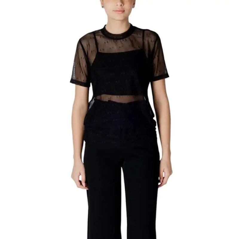 Black mesh top and pants outfit on display in Women’s Sheer Top with White Tank product image