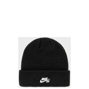 Black Nike SB beanie in ribbed knit with folded cuff featuring white Nike SB logo for casual wear