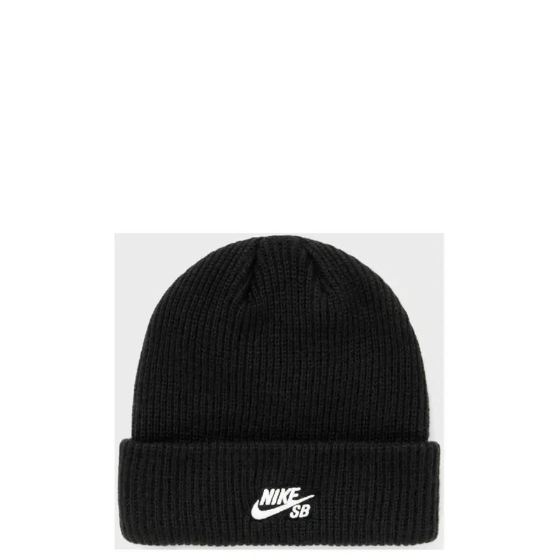 Black Nike SB beanie in ribbed knit with folded cuff featuring white Nike SB logo for casual wear