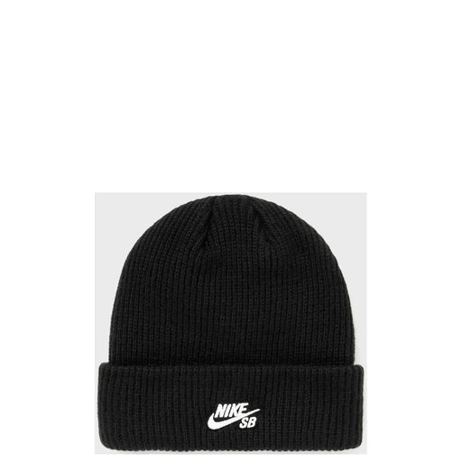 Black Nike SB beanie in ribbed knit with folded cuff featuring white Nike SB logo for casual wear