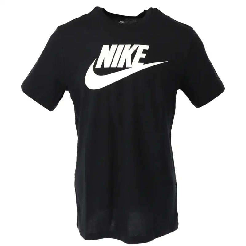 Black Nike short sleeve t shirt in cotton featuring a bold white swoosh logo across the chest