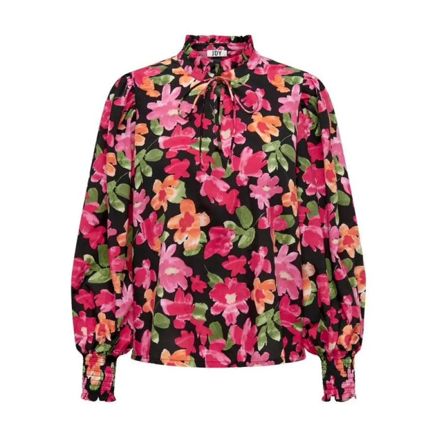 Jacqueline De Yong urban style: Black and pink floral blouse with bow neck - women’s clothing