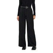 Black pinstripe wide-leg polyester trousers for women with high waist and pleats
