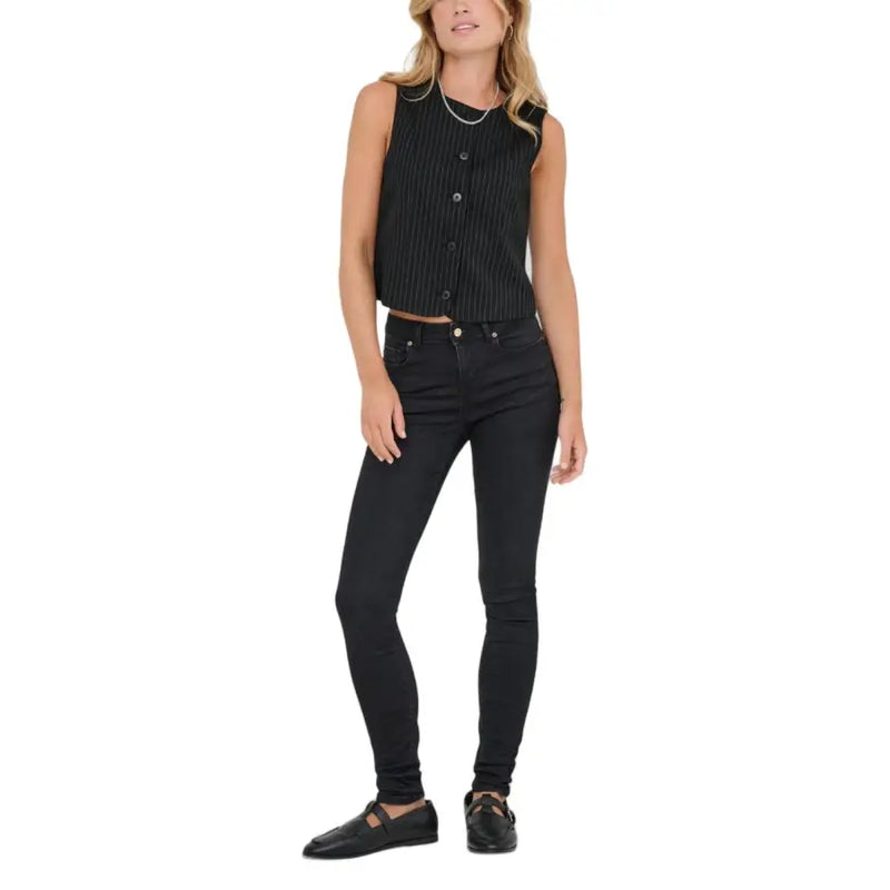 Black pinstripe sleeveless gilet for women featuring a button-up front in a sleek tailored design