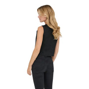 Black pinstripe sleeveless gilet for women featuring a cropped fit and lightweight fabric for stylish layering