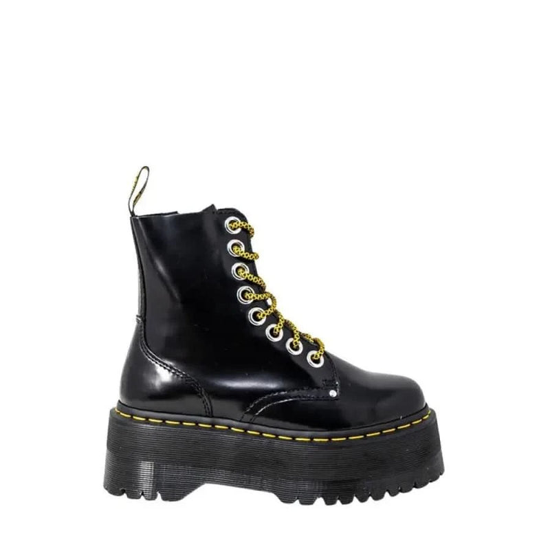 Black platform combat boots by Dr. Martens featuring a lace-up design for women