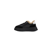 Black leather platform sneaker with faux fur trim for stylish casual wear
