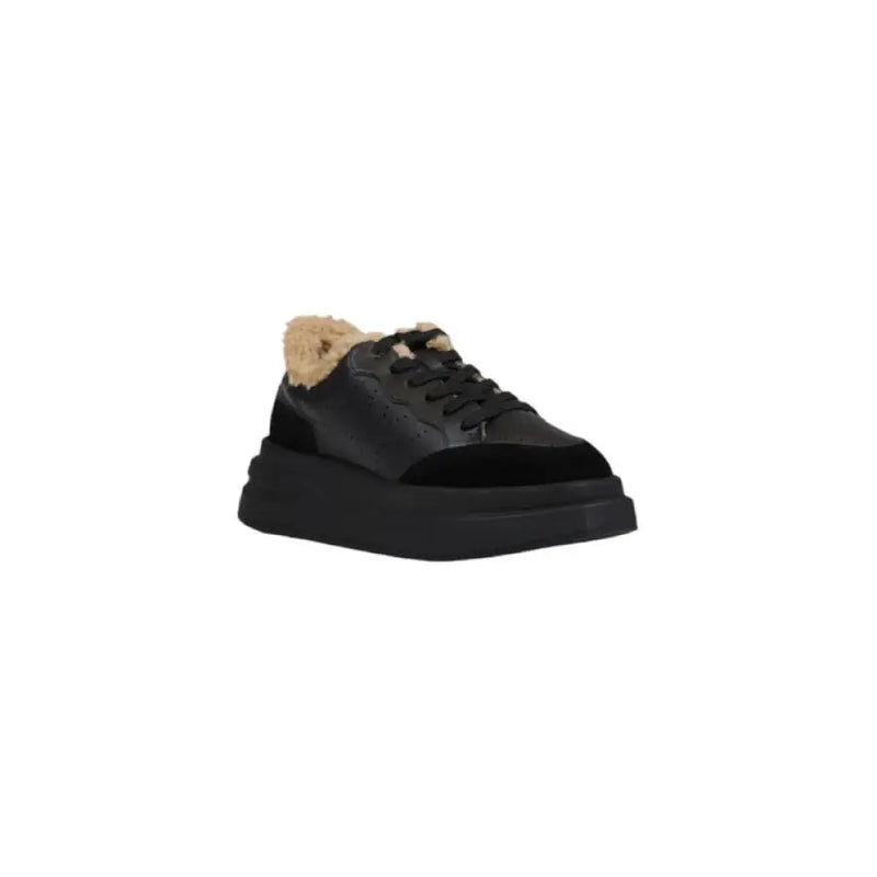 Black platform sneaker with faux fur trim featured in Black Leather Sneaker with Faux Fur Trim