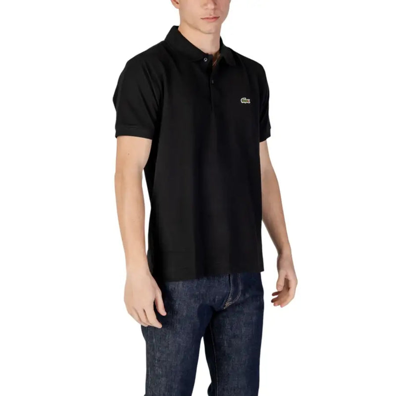 Black Lacoste polo shirt with short sleeves displayed in a product image