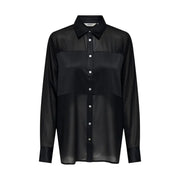 Black sheer polyester blouse with solid collar and opaque panels