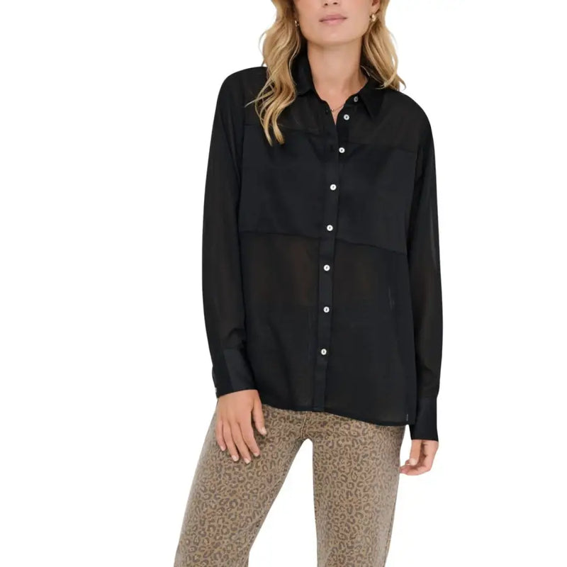 Black sheer long-sleeve button-up polyester shirt for women
