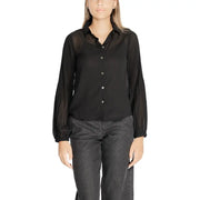 Black sheer long-sleeved polyester blouse with button-down front and elasticated cuffs for women