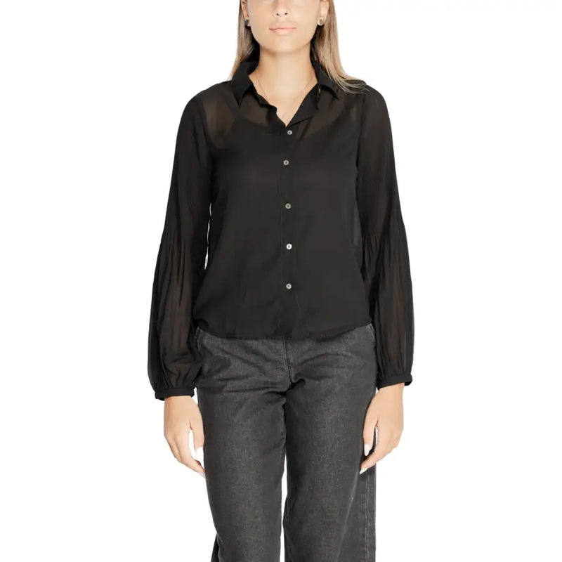 Black sheer long-sleeved polyester blouse with button-down front and elasticated cuffs for women