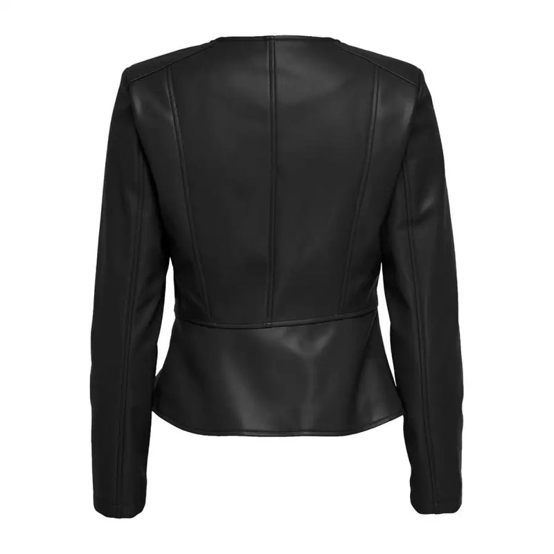 Black polyurethane long blazer for women with zip closure featuring a faux leather moto style peplum hem and structured shoulders