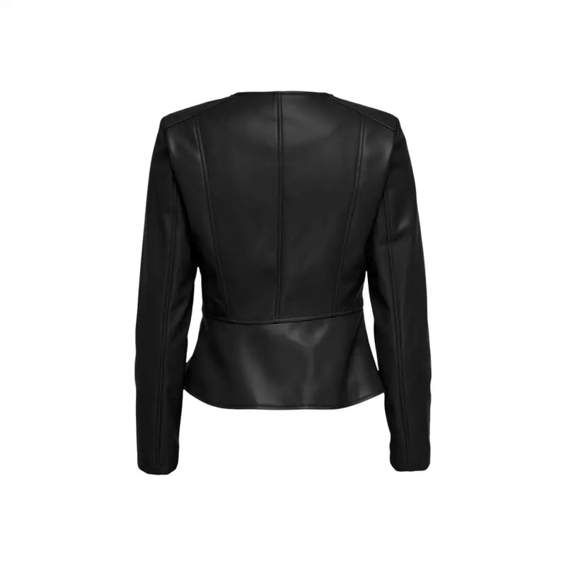 Back view of black polyurethane long blazer for women with sleek fitted faux leather peplum and subtle seam detailing