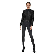 Black polyurethane long blazer for women featuring black faux leather bomber style with zipper front and seam detailing